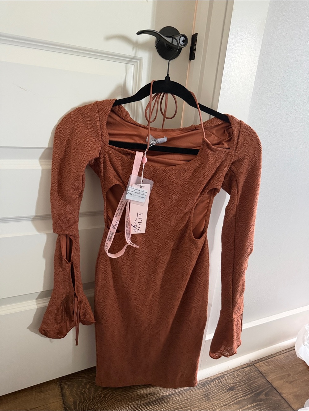 Oh polly amber brown mini dress with side cut outs. Long sleeve.
